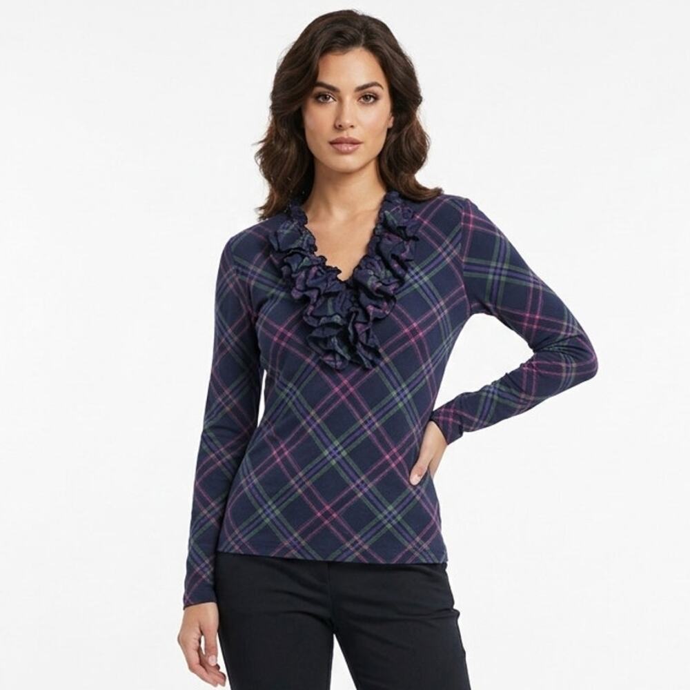 LRL Ralph Lauren Jeans Co. Blouse Top Women's L Purple Blue Plaid Ruffle V-Neck